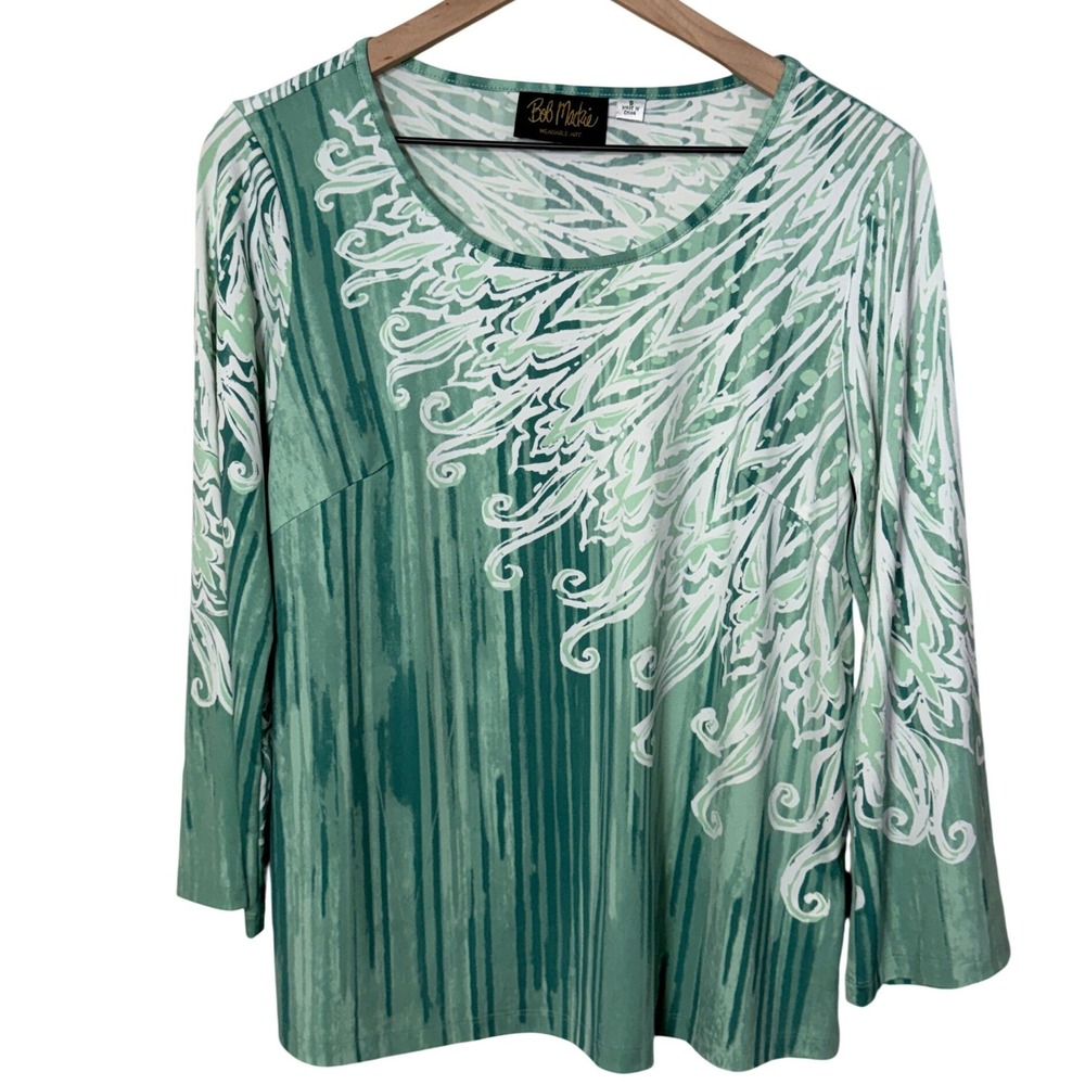 Bob Mackie Wearable Art Women's‎ Green Abstract Print Long Sleeve Top Sz S Retro